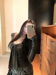 女式蝴蝶结长袖 T 恤，紧身套头衫，简约风格，春季