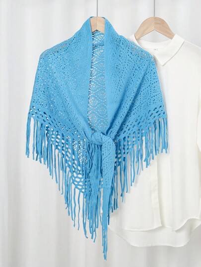 1pc Women Solid Color Triangular Tassel Knitted Scarf, Autumn/Winter Solid Shawl Wrap Poncho