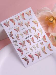 2片蝴蝶翅膀美甲贴纸，彩色蝴蝶金色边缘美甲贴花，3D滑动自粘式，DIY美甲装饰，春夏美甲用品 - 彩色 - 查看 9