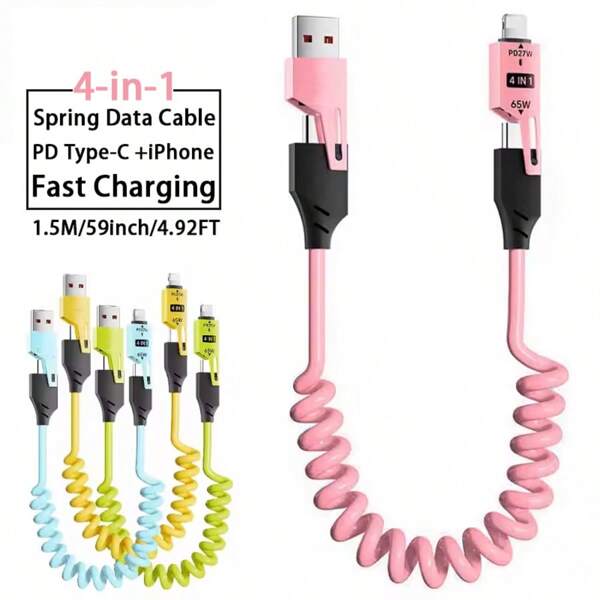 65W Multifunctional Four-In-One USB-C Retractable Cable, PD Super Fast Charging And Data Synchronization, Silicone Material, Multi-Port Charging With Indicator Light, Suitable For IPhone, IPad, Compatible With Samsung,OPPO And More Mobile Phones Charging