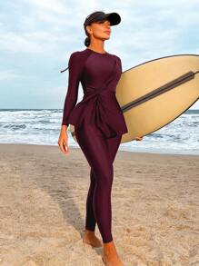 Solid Color Side Waist Twist Long Sleeve Top And Pants Burkini Swimwear Set For Beach Vacation - Red Violet - View 1