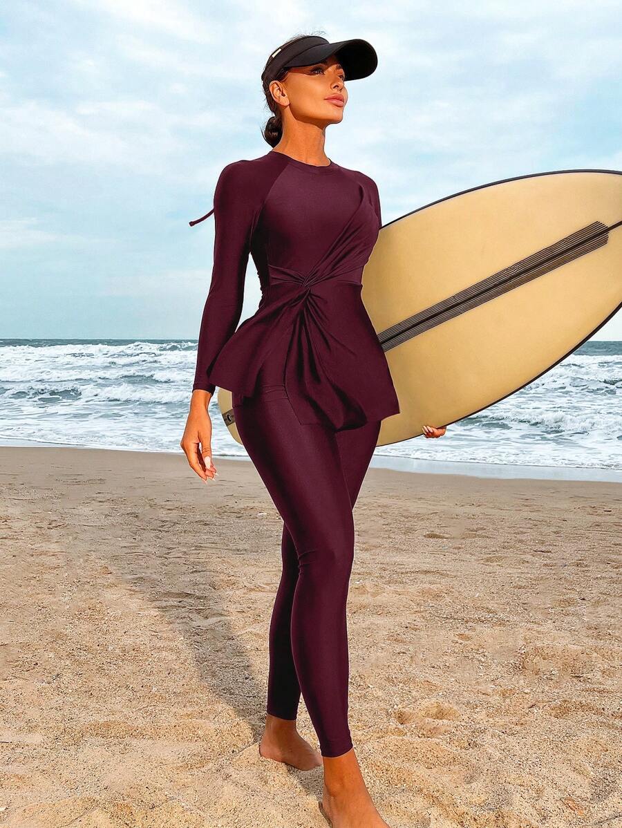 Solid Color Side Waist Twist Long Sleeve Top And Pants Burkini Swimwear Set For Beach Vacation - Red Violet - View 1