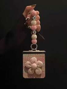 Elegant Woven Pattern Leather Belt With Pink Flower Foldable Phone Case With Chain Strap Compatible With Samsung Galaxy Z Flip3 5G/Galaxy Z Flip 4 5G/Galaxy Z Flip 5 5G/Galaxy Z Flip 6 5G, Personalized Women Design Waterproof Shockproof Anti-Fall Scratch Resistant - Multicolor - View 3