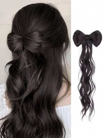 SHDanrtsey Wavy Half Bowknot Clip-On Ponytail Wig, Heat Resistant Synthetic Material, Natural Waves With Bowknot Ponytail Wig