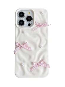 Funda de teléfono suave y a prueba de golpes compatible con iPhone 15 16 Pro Max 13 14 Pro 12 11, con lindo diseño 3D de patrón de cuadrícula rosa, lazo y perla - Blanco - Ver 3