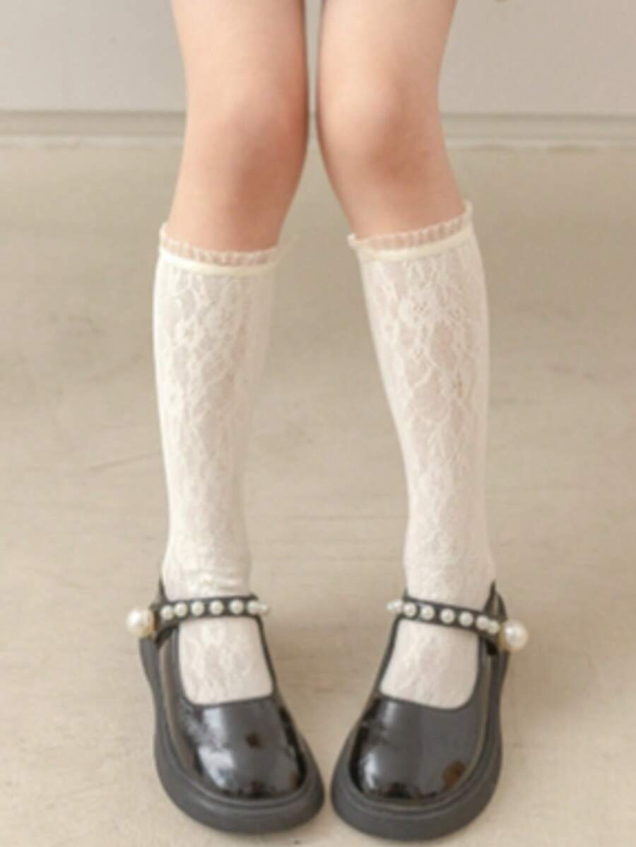 1 Pair Lolita Princess Style Ruffled Bow Decor Mid-Calf Socks, Sweet And Cute - Yellow - View 1