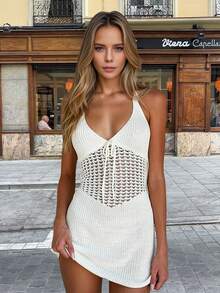 Summer Women's Elegant Hollow Lace-Up Beach Cover-Up Dress, Vacation Casual Dress