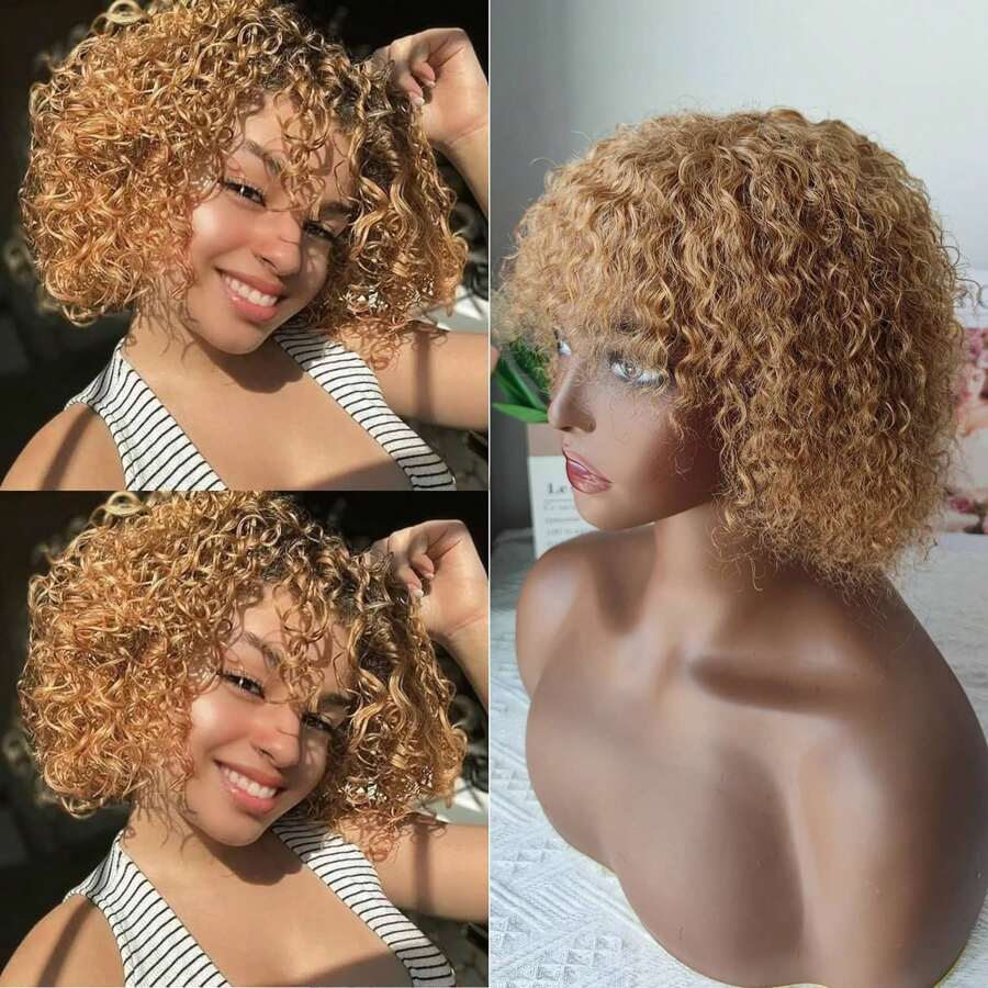 250% Density Short Curly Wigs Human Hair With Bangs Water Wave Wig Human Hair None Lace Short Wig For Women