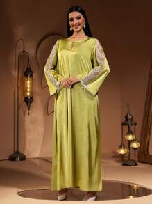New Elegant Luxury Simple Jacquard Satin Patchwork Embroidered Lace Women Long Robe Dress - Green - View 2