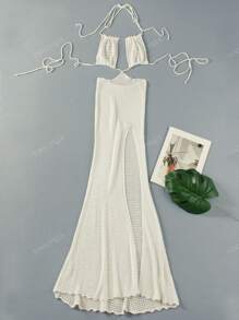 Sexy Cut Out Backless Tie Side Slit Knit Dress Summer White Backless Chic Hanging Neck Swimsuit Bikini Cover-Ups