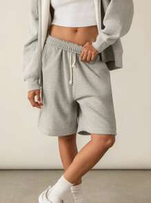 Women Casual Bermuda Shorts Solid Color Knee Length Sport Drawstring Waist Short Pants