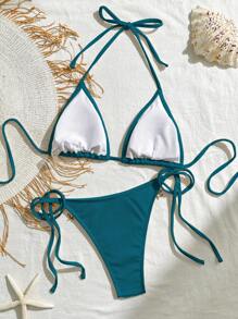 Bikinx Conjunto de bikini de copa triangular para playa con decoración de cinta de unicolor, puntada y concha, con cordones