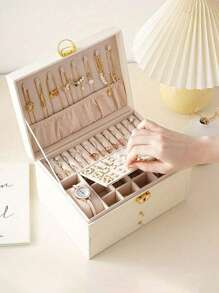Vintage Jewelry Box With Removable Tray, Mirror And Lock - 3-Tier Storage, Holds Necklaces, Earrings, Watches | Multifunctional Desktop Organizer With Drawers | Ideal Gift For Mother's Day, Christmas, Labor Day | Unfinished Rectangular Design With Key Lock - Multicolor - View 10