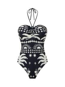 2025 Stroje plażowe dla kobiet Strój kąpielowy, wygodny poliester Nadruk Seksowny marszczony kostium kąpielowy z dekoltem typu halter na wakacje na plaży Swobodny Stylowy