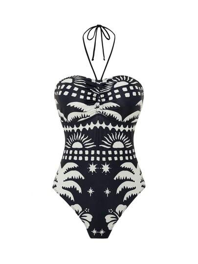 2025 Stroje plażowe dla kobiet Strój kąpielowy, wygodny poliester Nadruk Seksowny marszczony kostium kąpielowy z dekoltem typu halter na wakacje na plaży Swobodny Stylowy