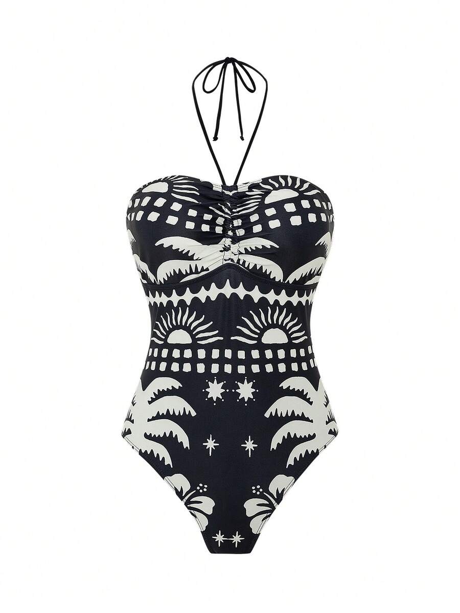 2025 Stroje plażowe dla kobiet Strój kąpielowy, wygodny poliester Nadruk Seksowny marszczony kostium kąpielowy z dekoltem typu halter na wakacje na plaży Swobodny Stylowy