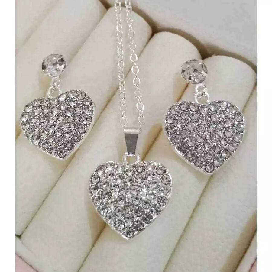 Silver Plated Zirconia Heart Necklace + Earring Kit - Bạc - Xem 1