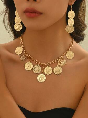 3pcs Vintage Retro Royal Metal Style Jewelry Set For Women, Spring/Summer, Golden Profile Coin & Tassel Pendant Necklace + Earrings, Daily/Festival Gift, Luxury Elegant Coin Badge Jewellery Set