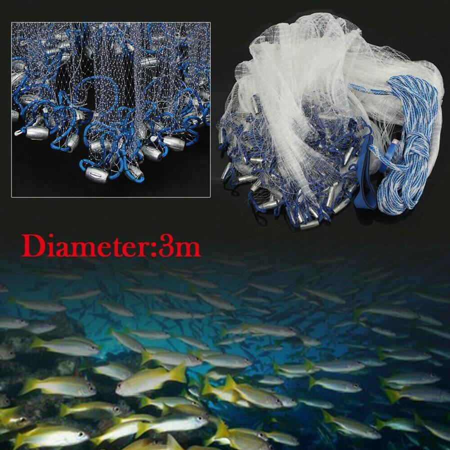 3 Meter Hand Cast Fishing Net With Hollow Sinkers, 1.5cm Mesh, Durable Netting, 15m Rope, High-Quality Copper Swivel, For Fast & Effective Fishing - White - View 1