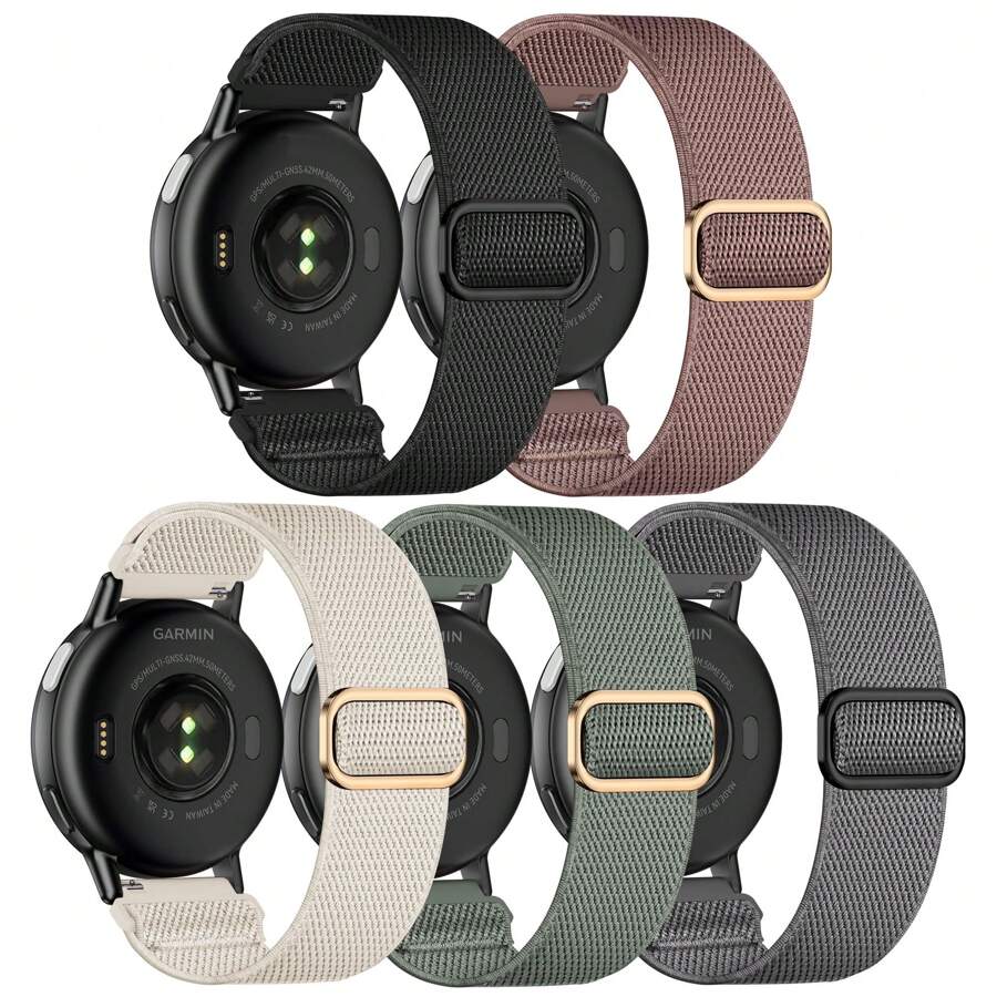 20mm Bands - 5 Pack Stretchy Nylon Watch Bands Compatible With Garmin Vivoactive 5/Forerunner 55/165,20mm Soft Elastic Fabric Adjustable Replacement Sport Loop Straps For Garmin Venu Sq 2 Women Men - Black/starlight/cactus/smoke Violet/deep Gray - View 1