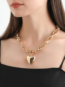 1 accesoriu în stil minimalist, lanț gros în formă de O, pandantiv cu inimă mare, colier unic cu tematică de dragoste