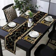 5/7pcs Luxury Placemats And Table Runner Set, Black And Gold Marble Pattern Printed Design, Waterproof And Non-Slip Table Mats, Machine Washable Polyester Rectangular Woven Table Mats, Suitable For Kitchen Dining Room, Home Decor, Party Decor - 5 件-餐墊 + 桌旗 - 查看 1
