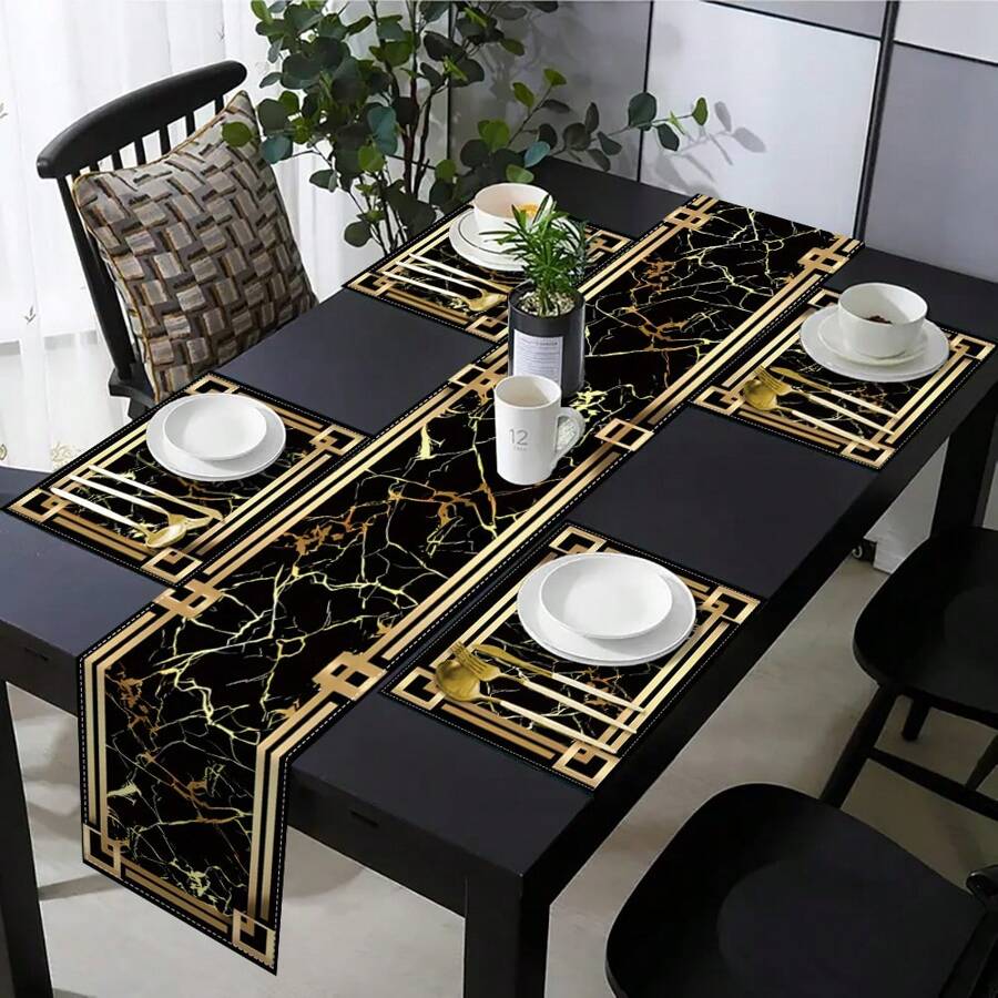 5/7pcs Luxury Placemats And Table Runner Set, Black And Gold Marble Pattern Printed Design, Waterproof And Non-Slip Table Mats, Machine Washable Polyester Rectangular Woven Table Mats, Suitable For Kitchen Dining Room, Home Decor, Party Decor - 5 件-餐墊 + 桌旗 - 查看 1