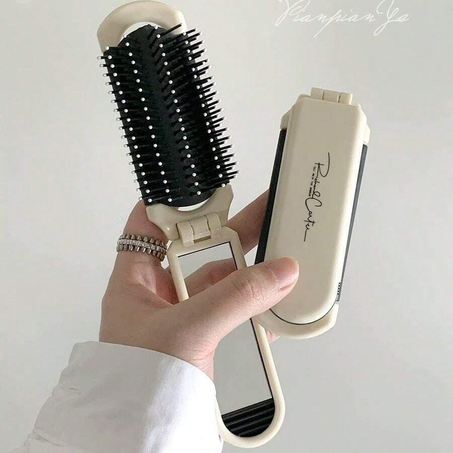 1pc Foldable Mirror Comb With Detachable Mirror, Portable Massage Brush, Fluffy Small Comb, Dual-Use Folding Comb For Girls, Anti-Static, Mini Travel Size, ABS Plastic Handle, Suitable For All Hair Types