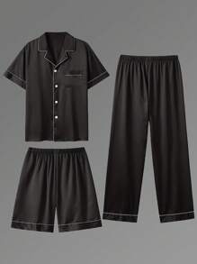 3pcs Casual Men's Short Sleeve T-Shirt, Shorts & Pants 3 Pieces Pajama Set