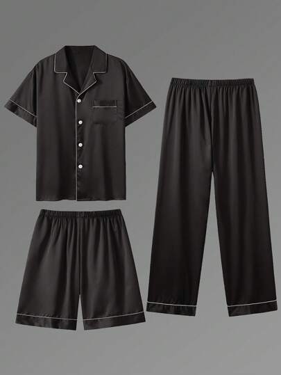 3pcs Casual Men's Short Sleeve T-Shirt, Shorts & Pants 3 Pieces Pajama Set