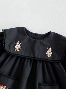 Young Girls Cartoon Rabbit Embroidery Dress With Large Collar, Pockets & Mushroom Embroidered, Black, Suitable For Spring, Summer, Autumn