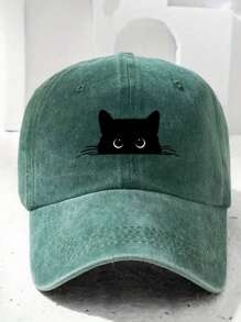 1pc Black Cat Print Washed Baseball Cap, Unisex Outdoor Casual Sun Visor Hat