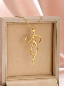 1件精致甜美时尚粉色心形蝴蝶结吊坠项链，适合女孩时尚、街头、派对、节日首饰和日常装饰。 - 金色 - 查看 3