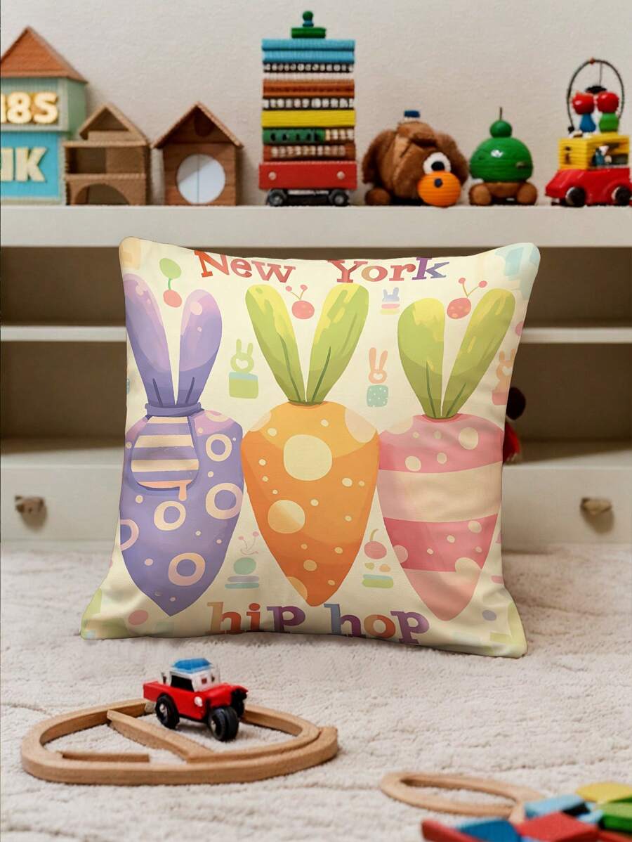1pc Colorful Carrot & Letter Pattern Decorative Pillow Case, Modern Throw Pillow Cover, Single-Sided Print, No Filling, For Sofa, Home Decor - Multicolor - View 1