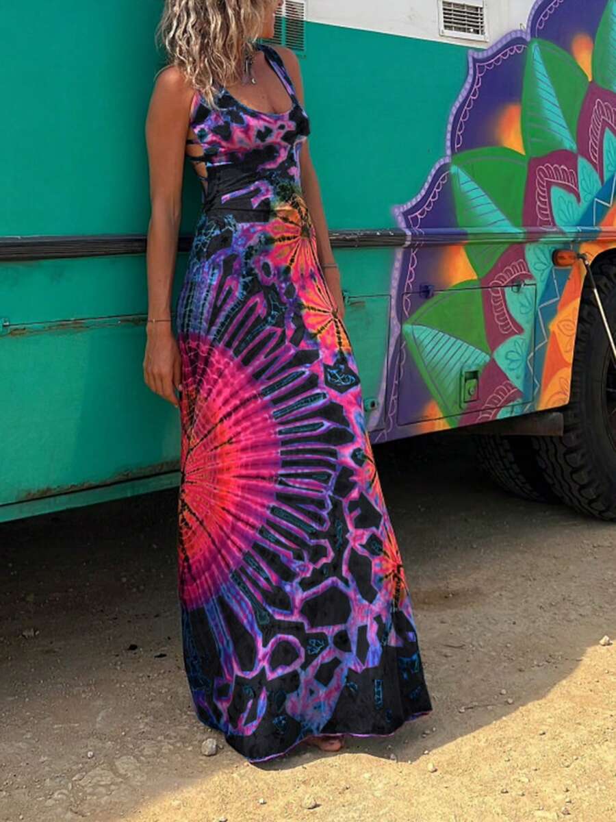 Top de verano, nueva moda de verano Vestido largo bohemio de verano con espalda descubierta y teñido anudado estilo vacaciones - Negro - Ver 1