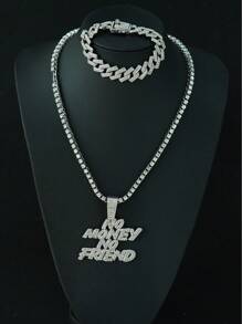 1 Set Of European & American Style "No Money No Faiend" Alloy Pendant Rhombus Cuban Link Chain Necklace & Bracelet & Men's Watch Gift Box Jewelry Set, Suitable For Daily Wear - NO MONEY NO FAIEND - View 9