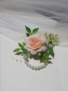 1pc Elegant Pink Korean Style Bridal Wrist Flower, Wedding Accessories, Bridesmaid Gift, Luxurious Pearl Chain Bracelet
