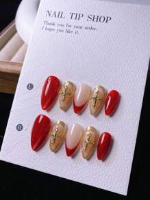 10 piezas de uñas postizas hechas a mano con diseño de uña de gato roja, rayas láser doradas, diseños de cruces, elegante y minimalista, aptas para la vida de oficina