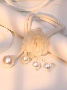 Bộ 3 chiếc/Bộ mặt dây chuyền ngọc trai giả họa tiết hoa lớn cổ điển phóng đại & Bộ khuyên tai, Bông tai xích áo len thời trang thanh lịch để đeo hàng ngày - Đen và trắng - Xem 7