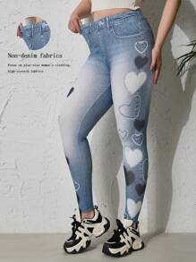 Plus Size Women Denim Effect Leggings - Blue - View 1
