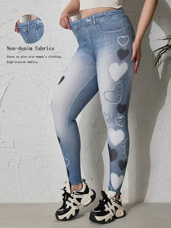Plus Size Women Denim Effect Leggings