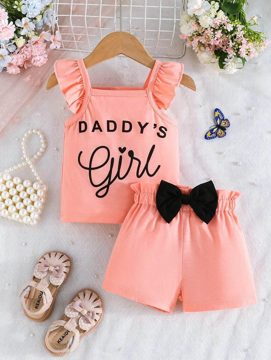 2 件装婴儿/女婴可爱简约字母印花盖袖上衣和蝴蝶装饰短裤套装，透气，适合夏季