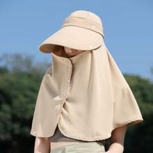 1pc Solid Color Large Brim Hat With Detachable Face Mask, Shoulder Cape For Sun Protection Polyester, Spring Season