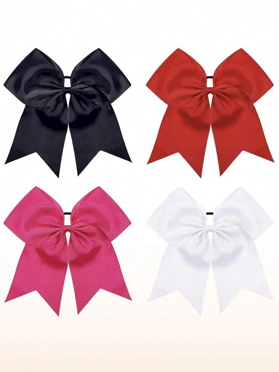 4 件大号啦啦队发饰 8 英寸罗缎丝带松紧带扎马尾辫固定器 适用于学校大学体育啦啦队啦啦队蝴蝶结 黑色 红色 粉色 白色 - 彩色 - 查看 1