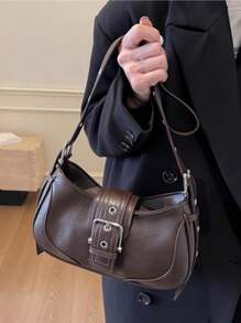 复古甜美酷炫机车手时尚腋下包小众纹理新月包金属孔眼单肩斜挎包，百搭四季女士通勤包 - 咖啡 - 查看 5