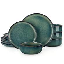 vancasso 12 Pieces Kitchen Dinnerware Set, Green Set, Stoneware Dinnerware, Plate And Bowl Set For 4 Person, Round Plate With Vertical Edge, Reactive Glazed - màu xanh lá - Xem 2