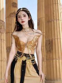 1pc Elegant Boho Style Beaded Hairpiece & Forehead Chain, Vintage Chinese Style Accessories, Versatile - A Gold Chain With a  Pendant Headdress - View 3