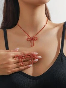 Crystal Bowknot Necklace & Earrings Set, Runway Show Performance Competition Jewelry - Red - View 5
