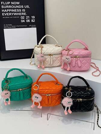 1 件女孩小款式水钻手提包 PU 材质，迷你盒式拉链包，优雅，时尚优雅，适合通勤和约会