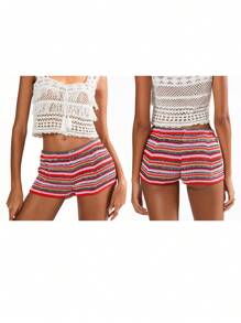 Pantalones cortos de rayas para mujer, informales, ajustados, de tiro medio, de punto, para ropa de calle de verano - Rosa - Ver 2